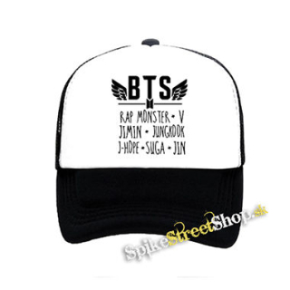BTS - BANGTAN BOYS - Logo And Names - čiernobiela sieťkovaná šiltovka model "Trucker"