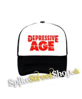 DEPRESSIVE AGE _ Logo Red - čiernobiela sieťkovaná šiltovka model "Trucker"