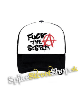 FUCK THE SYSTEM - čiernobiela sieťkovaná šiltovka model "Trucker"