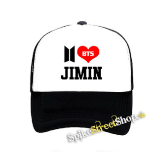I LOVE JIMIN - Bangtan Boys - čiernobiela sieťkovaná šiltovka model "Trucker"