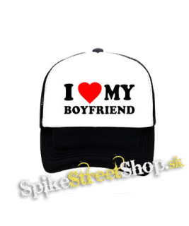 I LOVE MY BOYFRIEND - čiernobiela sieťkovaná šiltovka model "Trucker"