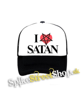 I LOVE SATAN - Pentagram Heart - čiernobiela sieťkovaná šiltovka model "Trucker"
