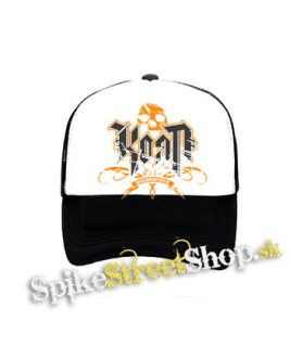 KORN - Logo Crest Bakersfield Orange - čiernobiela sieťkovaná šiltovka model "Trucker"
