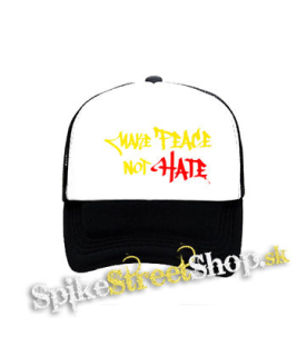 MAKE PEACE NOT HATE - čiernobiela sieťkovaná šiltovka model "Trucker"