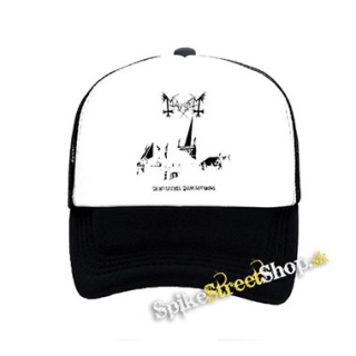MAYHEM - De Mysteriis Dom Sathanas White Poster - čiernobiela sieťkovaná šiltovka model "Trucker"