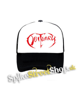 OBITUARY - Red Logo - čiernobiela sieťkovaná šiltovka model "Trucker"