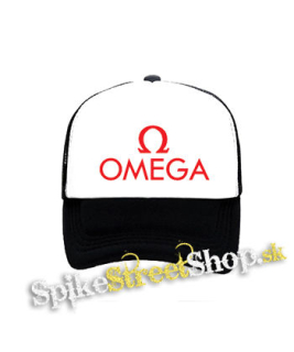 OMEGA - Red Logo - čiernobiela sieťkovaná šiltovka model "Trucker"