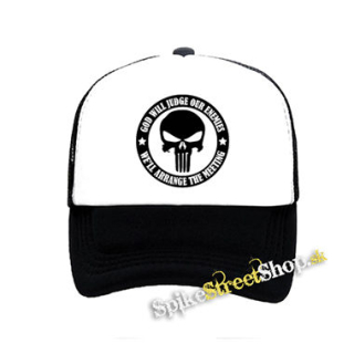 PUNISHER - God Will Judge Our Enemies - čiernobiela sieťkovaná šiltovka model "Trucker"