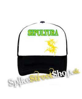 SEPULTURA - Brasil Flag Logo - čiernobiela sieťkovaná šiltovka model "Trucker"