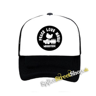 WOODSTOCK - Peace Love Music - čiernobiela sieťkovaná šiltovka model "Trucker"