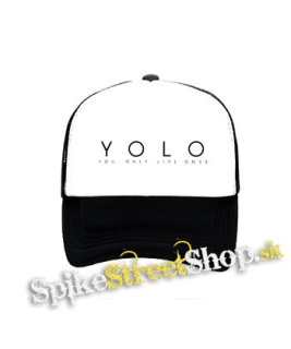 YOLO - You Only Live Once - čiernobiela sieťkovaná šiltovka model "Trucker"