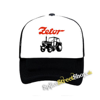 ZETOR - Červené logo a traktor - čiernobiela sieťkovaná šiltovka model "Trucker"