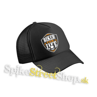 BIKER FOR LIFE - Skull Logo Crest - čierna sieťkovaná šiltovka model "Trucker Cap"