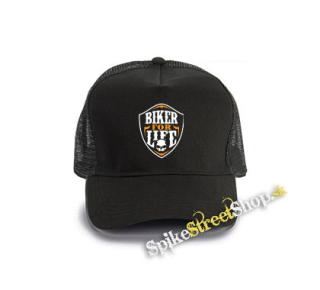 BIKER FOR LIFE - Skull Logo Crest - čierna bavlnená sieťkovaná šiltovka model "Trucker Cap"