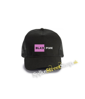 BLACKPINK - Pink Square Crest B&W - čierna bavlnená sieťkovaná šiltovka model "Trucker Cap"