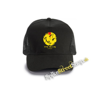 KEEP SMILING ALWAYS - čierna bavlnená sieťkovaná šiltovka model "Trucker Cap"