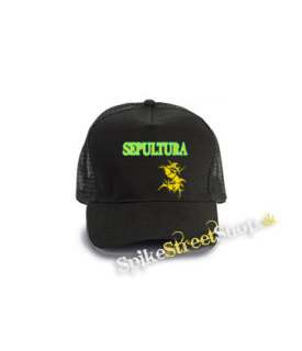 SEPULTURA - Brasil Flag Logo - čierna bavlnená sieťkovaná šiltovka model "Trucker Cap"