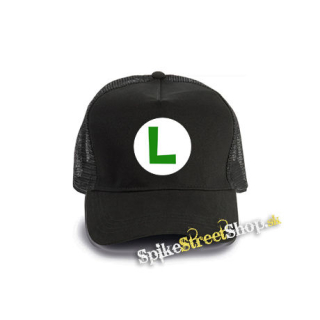 SUPER MARIO - Green Luigi Logo - čierna bavlnená sieťkovaná šiltovka model "Trucker Cap"