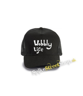 WOBBLY LIFE - Logo White - čierna bavlnená sieťkovaná šiltovka model "Trucker Cap"