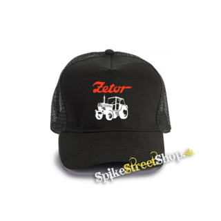 ZETOR - Červené logo a traktor - čierna bavlnená sieťkovaná šiltovka model "Trucker Cap"