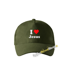 I LOVE JESUS - zelená šiltovka vo farbe "military green"