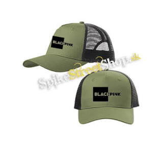 BLACKPINK - Pink Square Crest BW - olivovočierna sieťkovaná šiltovka model "Trucker Cap"