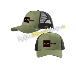 BLACKPINK - Pink Square Crest - olivovočierna sieťkovaná šiltovka model "Trucker Cap"