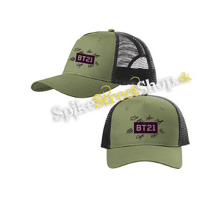 BT21 - Logo Signature - olivovočierna sieťkovaná šiltovka model "Trucker Cap"