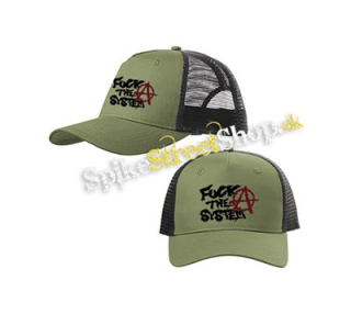 FUCK THE SYSTEM - olivovočierna sieťkovaná šiltovka model "Trucker Cap"