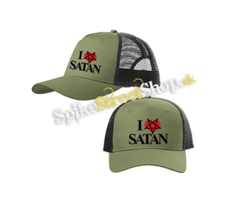 I LOVE SATAN - Pentagram Heart - olivovočierna sieťkovaná šiltovka model "Trucker Cap"