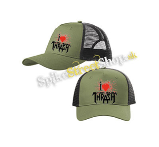 I LOVE THRASH - olivovočierna sieťkovaná šiltovka model "Trucker Cap"