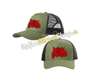 METAL CHURCH - Logo Red White - olivovočierna sieťkovaná šiltovka model "Trucker Cap"