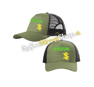 SEPULTURA - Brasil Flag Logo - olivovočierna sieťkovaná šiltovka model "Trucker Cap"