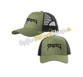 TROUBLE - Logo Hardrock Band - olivovočierna sieťkovaná šiltovka model "Trucker Cap"
