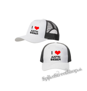 I LOVE JUSTIN BIEBER - bieločierna sieťkovaná šiltovka model "Trucker Cap"