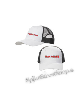 IRON MAIDEN - Logo Red White - bieločierna sieťkovaná šiltovka model "Trucker Cap"