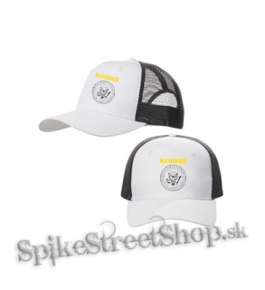RAMONES - Yellow Logo White Symbol - bieločierna sieťkovaná šiltovka model "Trucker Cap"