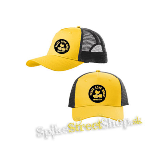 WOODSTOCK - Peace Love Music - žltočierna sieťkovaná šiltovka model "Trucker Cap"