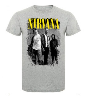 NIRVANA - Yellow Logo + Band - šedé pánske tričko