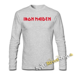 IRON MAIDEN - Red Logo - šedé pánske tričko s dlhými rukávmi