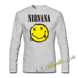 NIRVANA - Yellow Black Smile - šedé pánske tričko s dlhými rukávmi