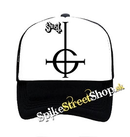 GHOST - Logo - čiernobiela sieťkovaná šiltovka model "Trucker"