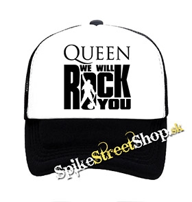 QUEEN - We Will Rock You - čiernobiela sieťkovaná šiltovka model "Trucker"