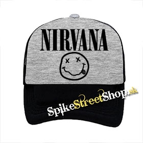 NIRVANA - Logo with Smiley - šedočierna sieťkovaná šiltovka model "Trucker"