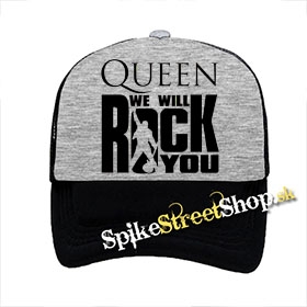 QUEEN - We Will Rock You - šedočierna sieťkovaná šiltovka model "Trucker"