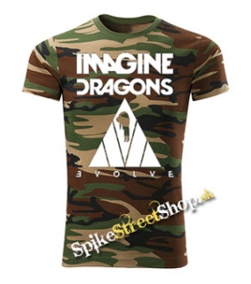 IMAGINE DRAGONS - Evolve Triangle  - maskáčové pánske tričko WOODLAND CAMO BROWN