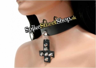 CHOKER WITH CROSS & KILLER STUDS - kožený náhrdelník