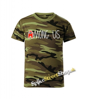 AMONG US - Logo Red White - maskáčové chlapčenské tričko WOODLAND CAMO GREEN