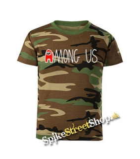 AMONG US - Logo Red White - maskáčové pánske tričko WOODLAND CAMO BROWN