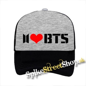 I LOVE BTS - šedočierna sieťkovaná šiltovka model "Trucker"